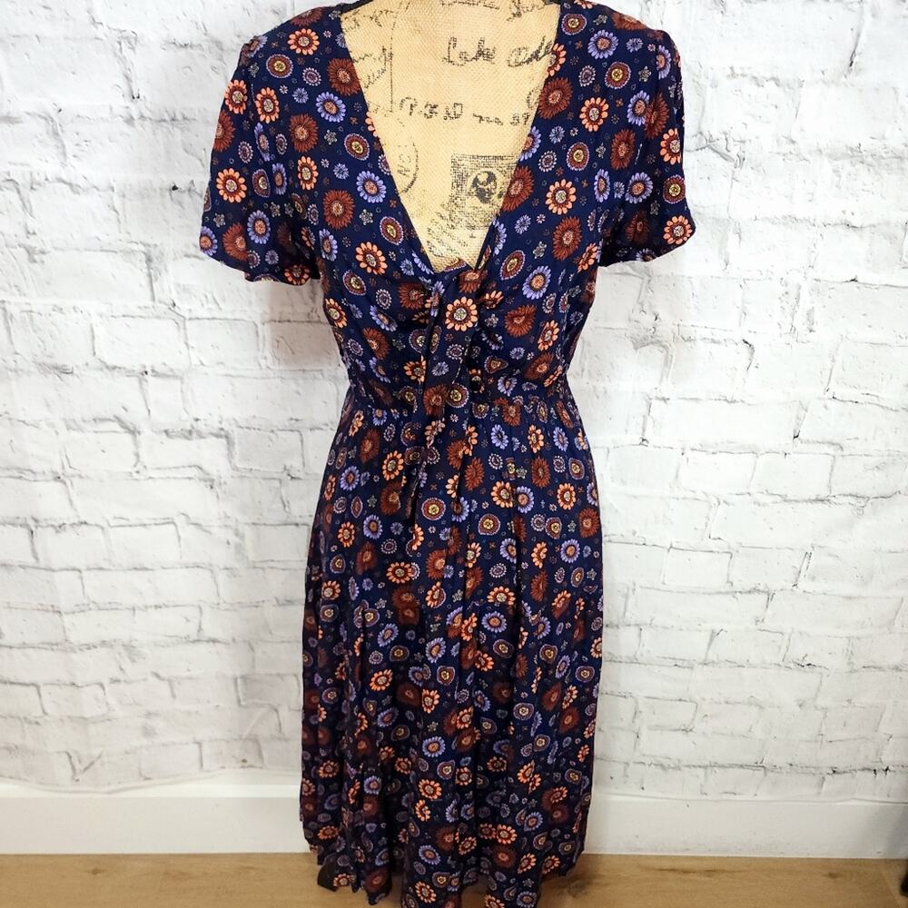 Orange sherber front tie knee length dress Sz 8 floral casual modest navy  ACl